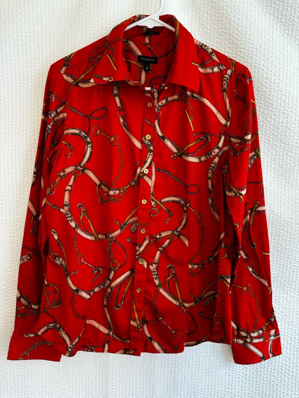 TALBOTS Red Equestrian Horse Bit Chain Print Button Down Shirt Women’s Size 8